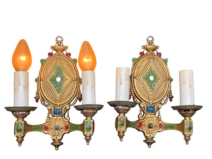 Pair Vintage 1920s Classical Two Light Sconces Original Polychrome Finish New Wiring and Refurbished Candle Sockets #2678