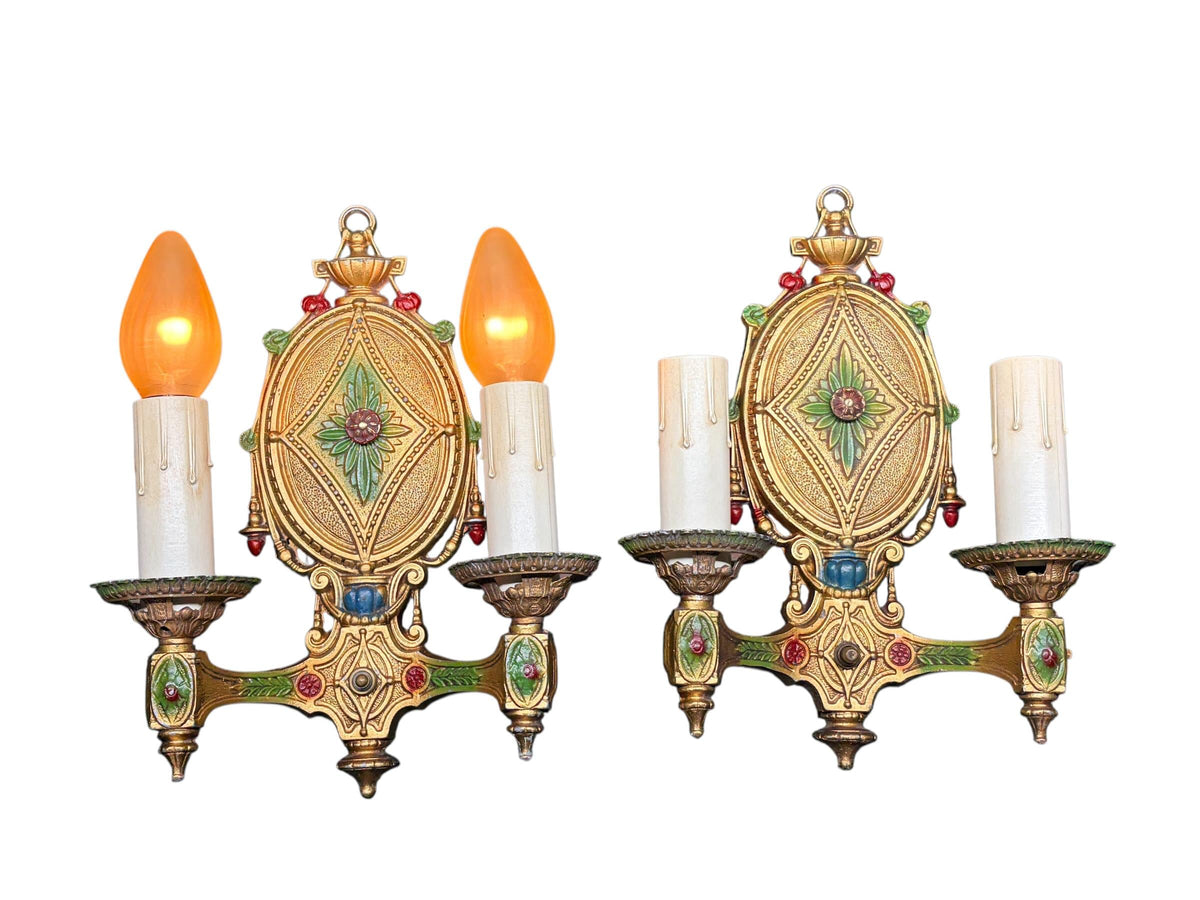 Pair Vintage 1920s Classical Two Light Sconces Original Polychrome Finish New Wiring and Refurbished Candle Sockets #2678