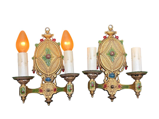 Pair Vintage 1920s Classical Two Light Sconces Original Polychrome Finish New Wiring and Refurbished Candle Sockets #2678