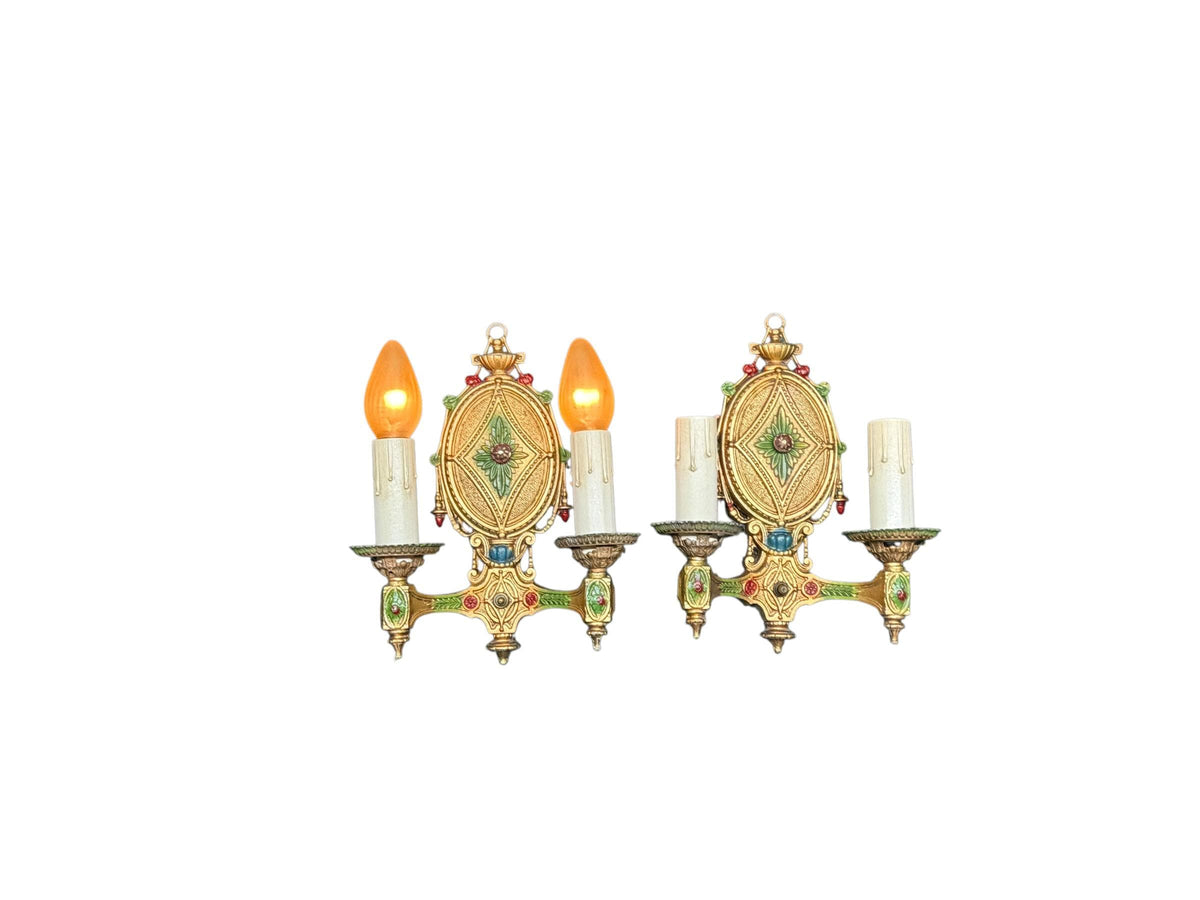 Pair Vintage 1920s Classical Two Light Sconces Original Polychrome Finish New Wiring and Refurbished Candle Sockets #2678