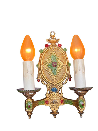 Pair Vintage 1920s Classical Two Light Sconces Original Polychrome Finish New Wiring and Refurbished Candle Sockets #2678
