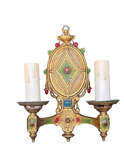 Pair Vintage 1920s Classical Two Light Sconces Original Polychrome Finish New Wiring and Refurbished Candle Sockets #2678