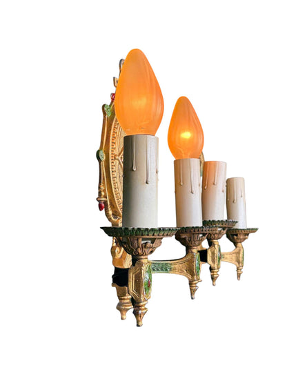 Pair Vintage 1920s Classical Two Light Sconces Original Polychrome Finish New Wiring and Refurbished Candle Sockets #2678