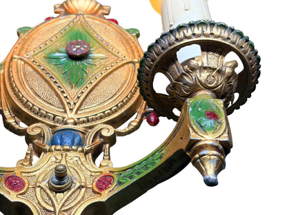 Pair Vintage 1920s Classical Two Light Sconces Original Polychrome Finish New Wiring and Refurbished Candle Sockets #2678