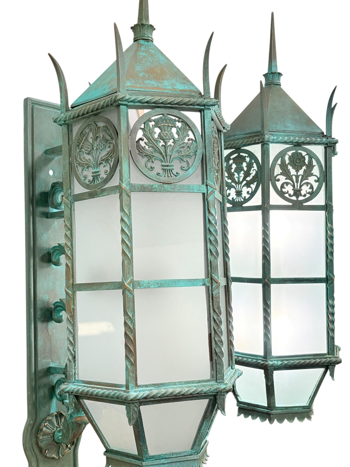 Pair MASSIVE **Solid Cast Bronze** Art Deco Gothic Monumental Outdoor Sconces with Verdigris Patina and Frosted Glass Panels New Wiring