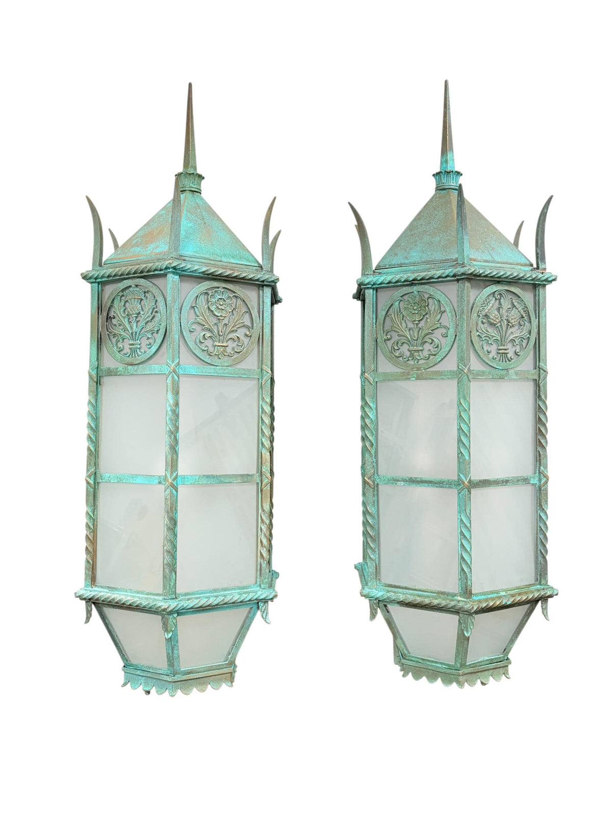 Pair MASSIVE **Solid Cast Bronze** Art Deco Gothic Monumental Outdoor Sconces with Verdigris Patina and Frosted Glass Panels New Wiring