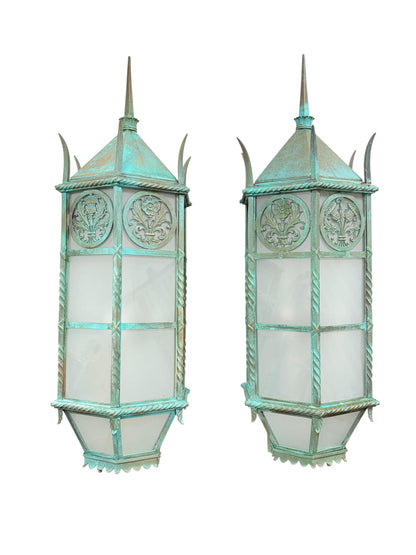 Pair MASSIVE **Solid Cast Bronze** Art Deco Gothic Monumental Outdoor Sconces with Verdigris Patina and Frosted Glass Panels New Wiring