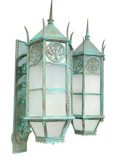 Pair MASSIVE **Solid Cast Bronze** Art Deco Gothic Monumental Outdoor Sconces with Verdigris Patina and Frosted Glass Panels New Wiring