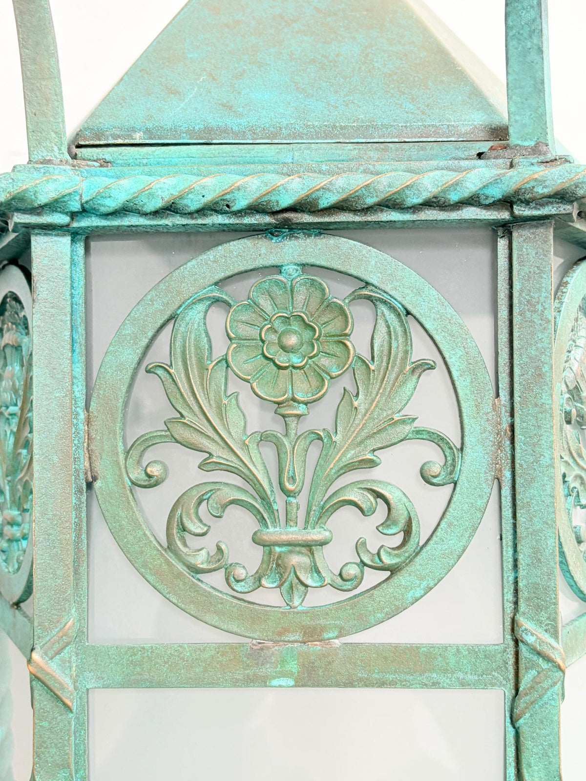 Pair MASSIVE **Solid Cast Bronze** Art Deco Gothic Monumental Outdoor Sconces with Verdigris Patina and Frosted Glass Panels New Wiring