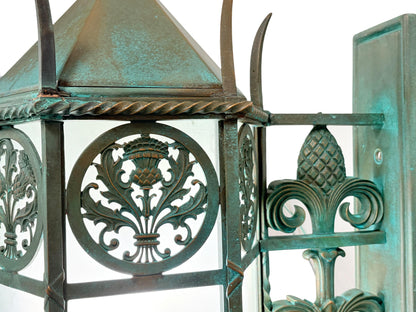 Pair MASSIVE **Solid Cast Bronze** Art Deco Gothic Monumental Outdoor Sconces with Verdigris Patina and Frosted Glass Panels New Wiring