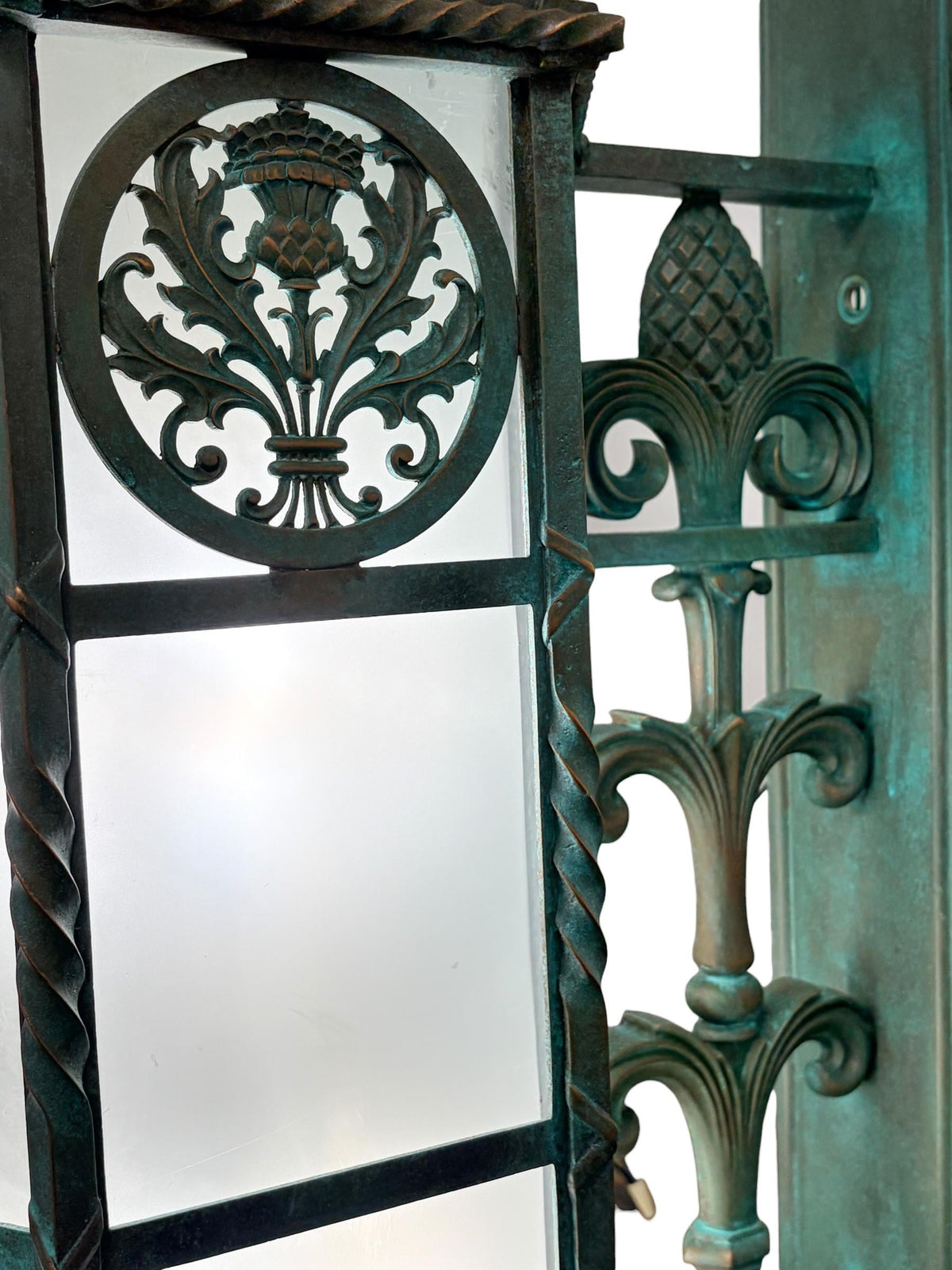 Pair MASSIVE **Solid Cast Bronze** Art Deco Gothic Monumental Outdoor Sconces with Verdigris Patina and Frosted Glass Panels New Wiring