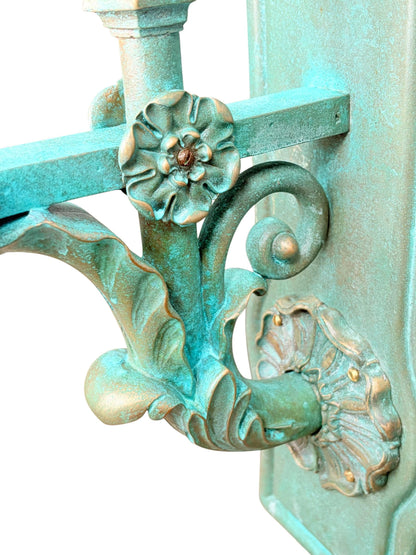 Pair MASSIVE **Solid Cast Bronze** Art Deco Gothic Monumental Outdoor Sconces with Verdigris Patina and Frosted Glass Panels New Wiring