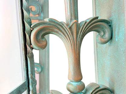 Pair MASSIVE **Solid Cast Bronze** Art Deco Gothic Monumental Outdoor Sconces with Verdigris Patina and Frosted Glass Panels New Wiring