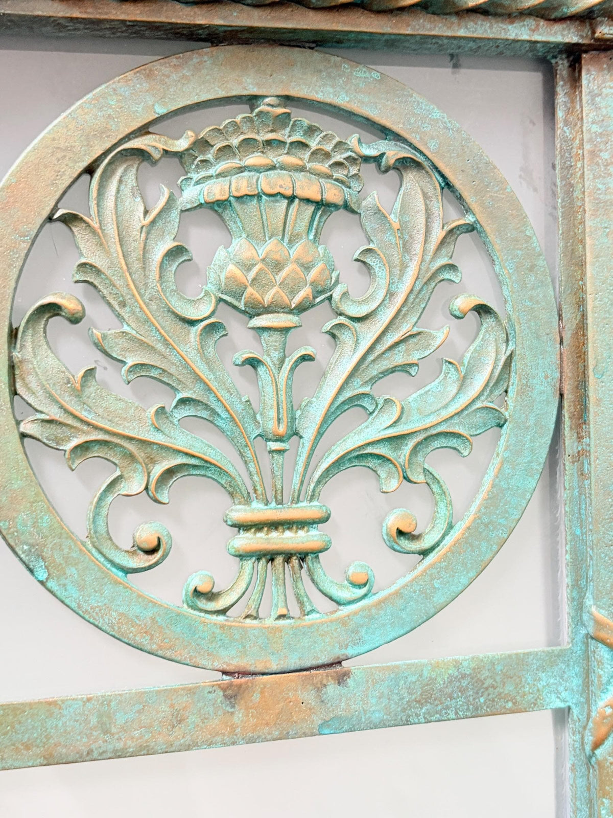 Pair MASSIVE **Solid Cast Bronze** Art Deco Gothic Monumental Outdoor Sconces with Verdigris Patina and Frosted Glass Panels New Wiring