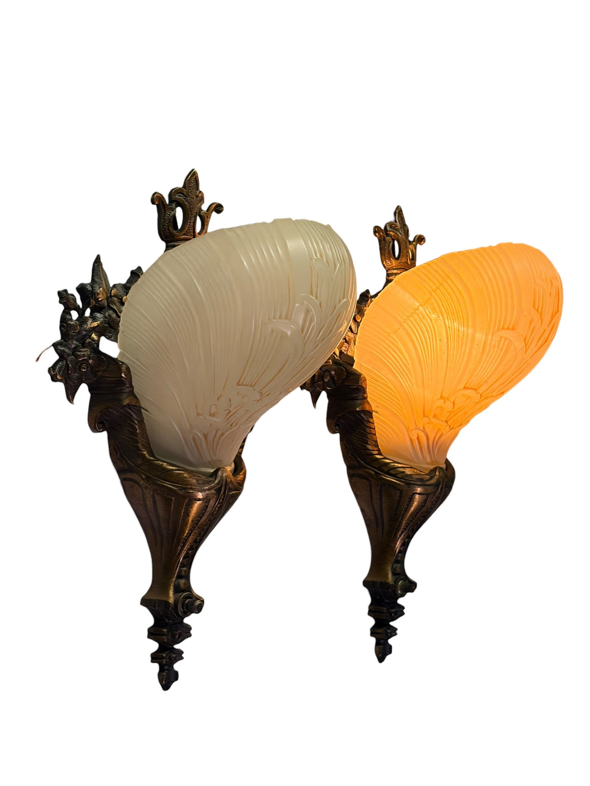 Beautiful Cast Bronze 1930s Wall Sconces with Ivory Art Deco Shades Original Finish #2680