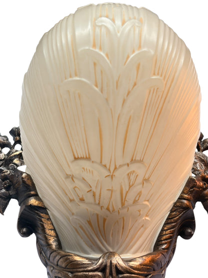 Beautiful Cast Bronze 1930s Wall Sconces with Ivory Art Deco Shades Original Finish #2680