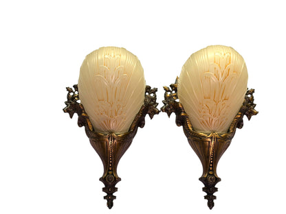 Beautiful Cast Bronze 1930s Wall Sconces with Ivory Art Deco Shades Original Finish #2680