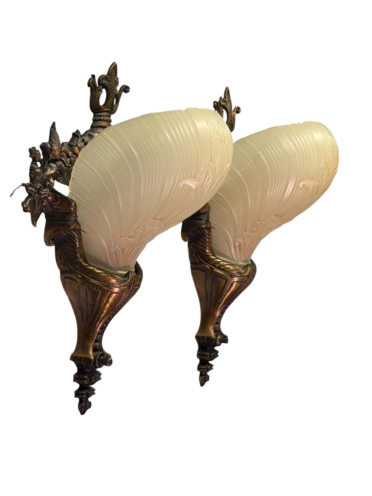 Beautiful Cast Bronze 1930s Wall Sconces with Ivory Art Deco Shades Original Finish #2680