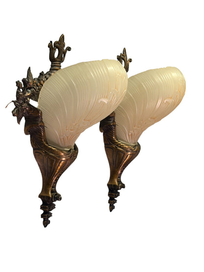Beautiful Cast Bronze 1930s Wall Sconces with Ivory Art Deco Shades Original Finish #2680