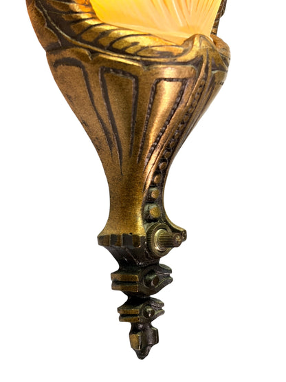 Beautiful Cast Bronze 1930s Wall Sconces with Ivory Art Deco Shades Original Finish #2680