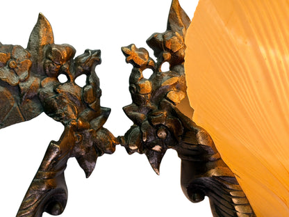 Beautiful Cast Bronze 1930s Wall Sconces with Ivory Art Deco Shades Original Finish #2680
