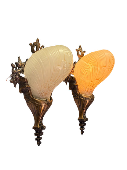 Beautiful Cast Bronze 1930s Wall Sconces with Ivory Art Deco Shades Original Finish #2680