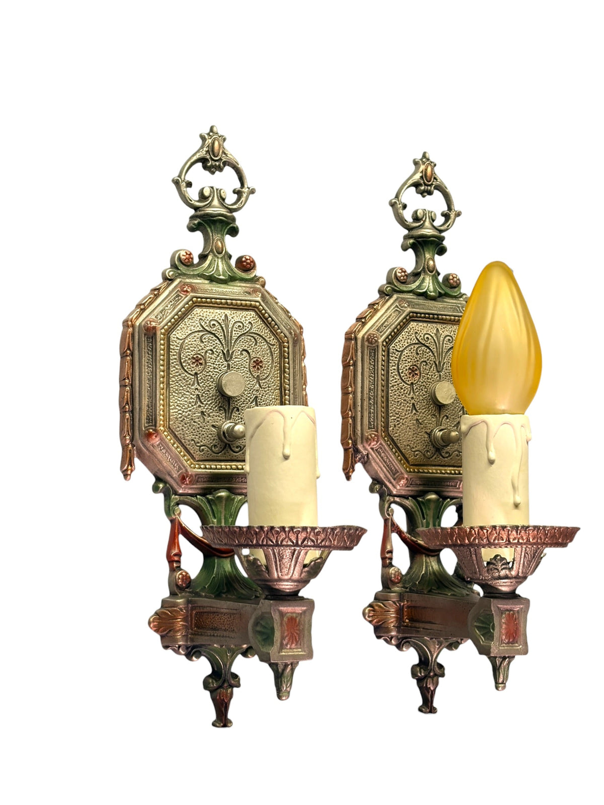 Pair Cast Aluminum 1920s Wall Sconces with Silver Red and Green Finish #2681
