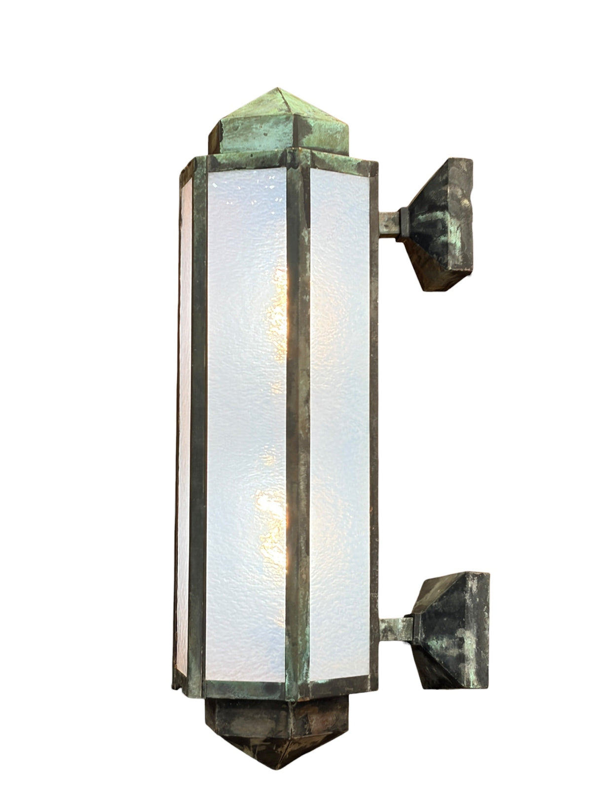 Copper Art Deco Exterior Wall Sconce with Opalescent Glass and Original Verdigris Finish #2683