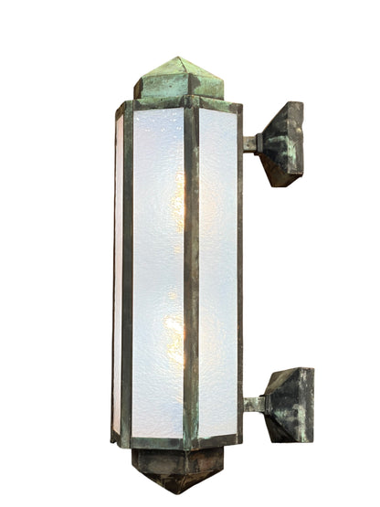 Copper Art Deco Exterior Wall Sconce with Opalescent Glass and Original Verdigris Finish #2683