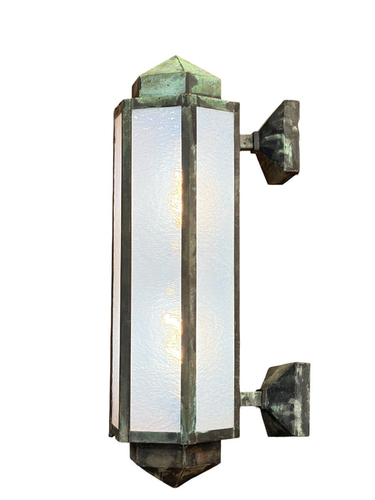 Copper Art Deco Exterior Wall Sconce with Opalescent Glass and Original Verdigris Finish #2683