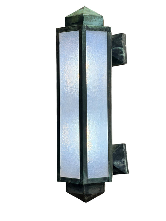 Copper Art Deco Exterior Wall Sconce with Opalescent Glass and Original Verdigris Finish #2683
