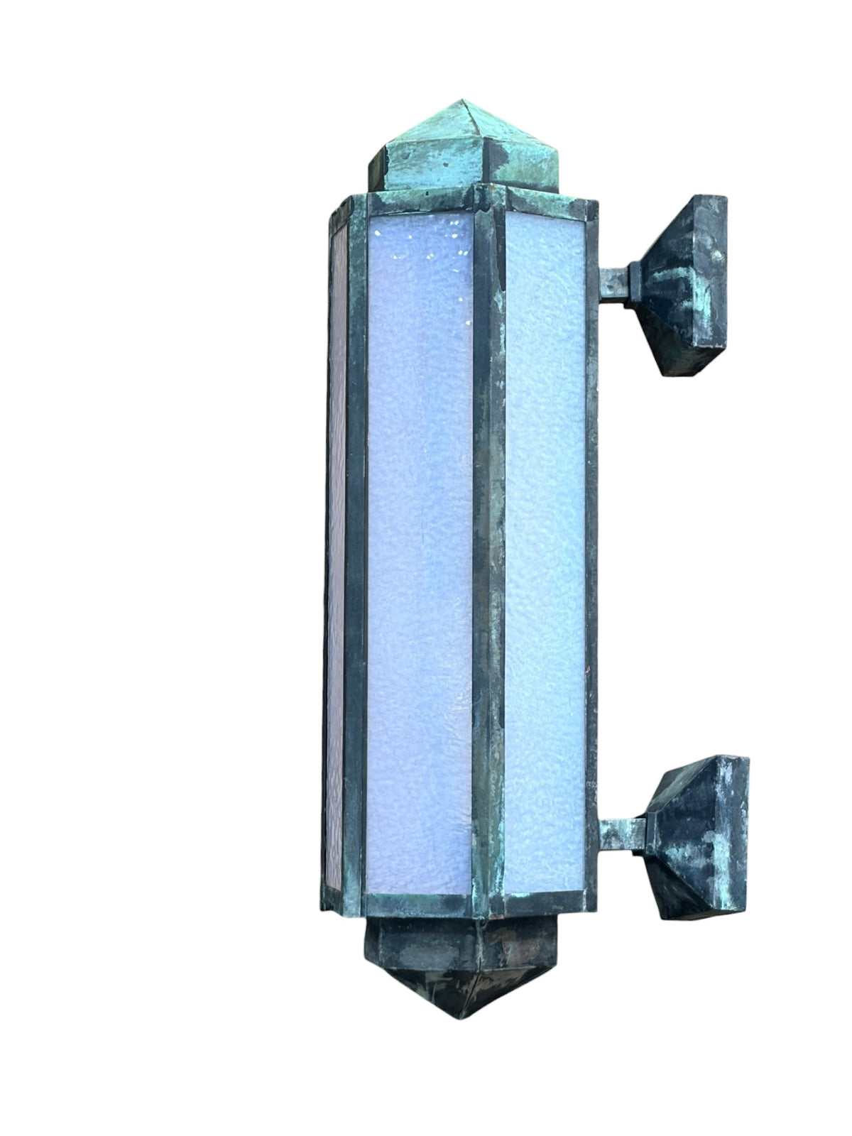 Copper Art Deco Exterior Wall Sconce with Opalescent Glass and Original Verdigris Finish #2683