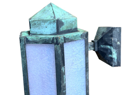 Copper Art Deco Exterior Wall Sconce with Opalescent Glass and Original Verdigris Finish #2683