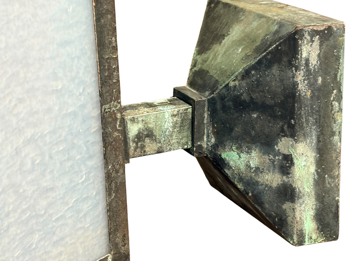 Copper Art Deco Exterior Wall Sconce with Opalescent Glass and Original Verdigris Finish #2683
