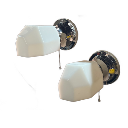Pair Pullchain Art Deco Bath Sconces with Faceted Milk Glass Shades #2522