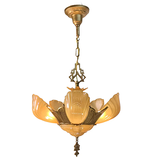 RESTORED Art Deco Markel Chevron 6 Light Slip Shade Chandelier #2544
