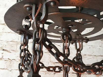 Arts and Crafts Hammered Chandelier with Quezal Shades