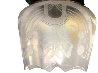 Iridescent Nouveau Shade with Etched Whiplash Art Nouveau Design on Antique Brass Fixture #2644