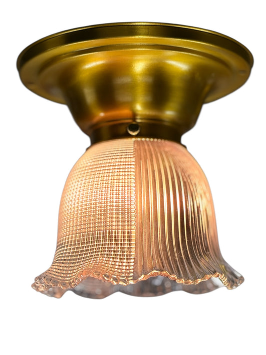 Small Semi Flush Light with Clear Glass Holophane Half and Half Shade on Antique Rich Gilt Fixture #2647