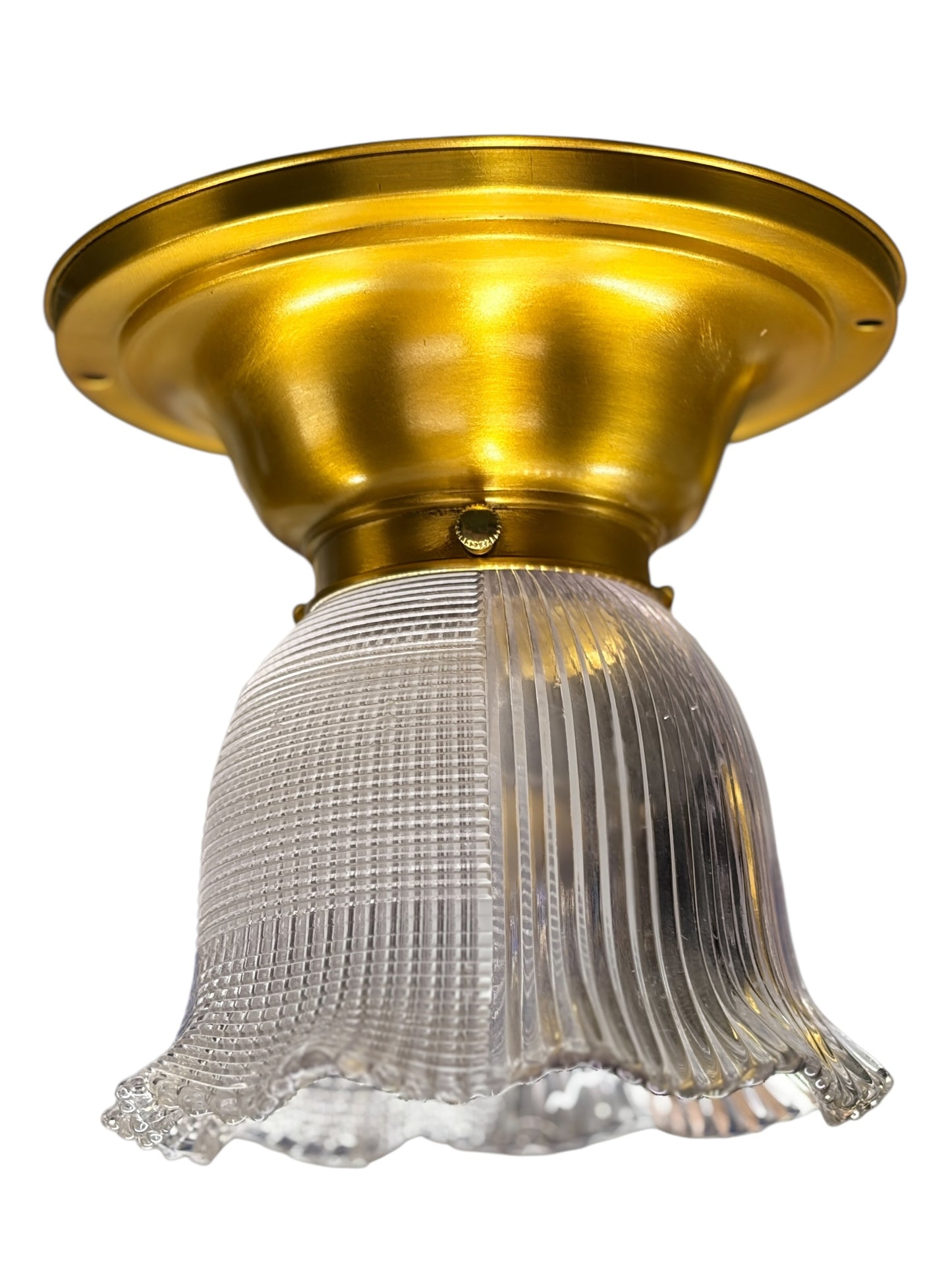 Small Semi Flush Light with Clear Glass Holophane Half and Half Shade on Antique Rich Gilt Fixture #2647