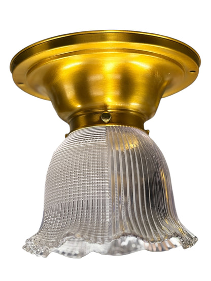 Small Semi Flush Light with Clear Glass Holophane Half and Half Shade on Antique Rich Gilt Fixture #2647