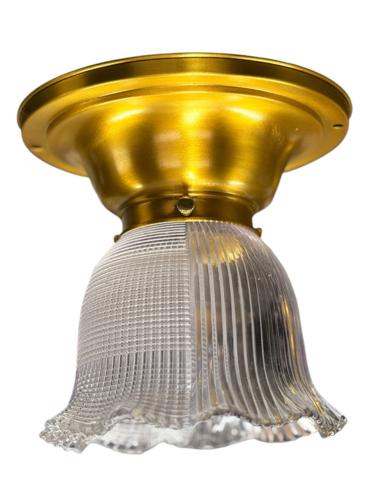 Small Semi Flush Light with Clear Glass Holophane Half and Half Shade on Antique Rich Gilt Fixture #2647