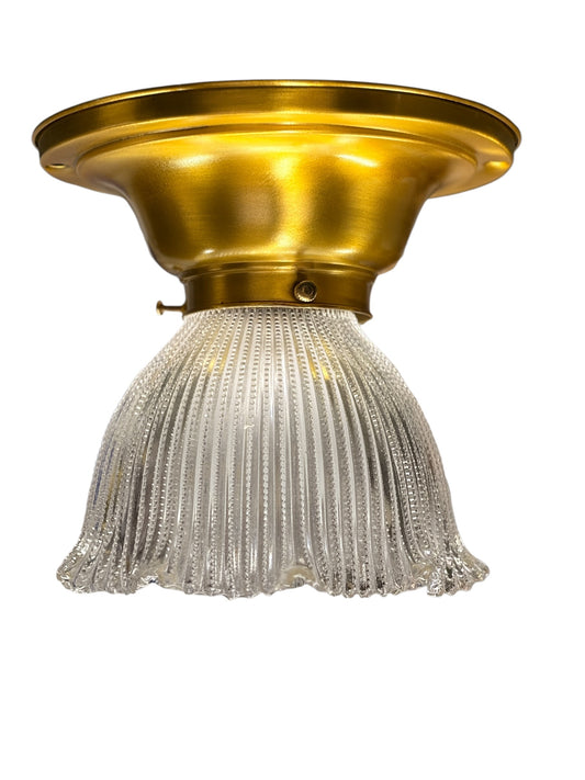 Smalll Semi Flush Light with Clear Glass Holophane Shade on Antique Rich Gilt Fixture #2646