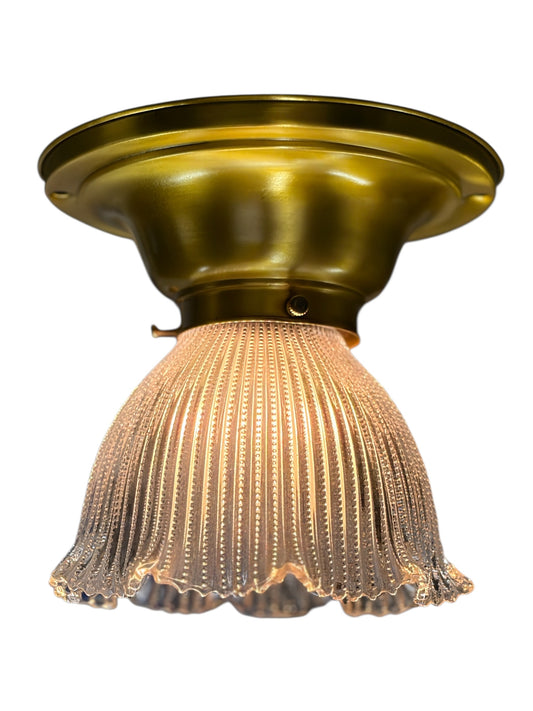 Smalll Semi Flush Light with Clear Glass Holophane Shade on Antique Rich Gilt Fixture #2646