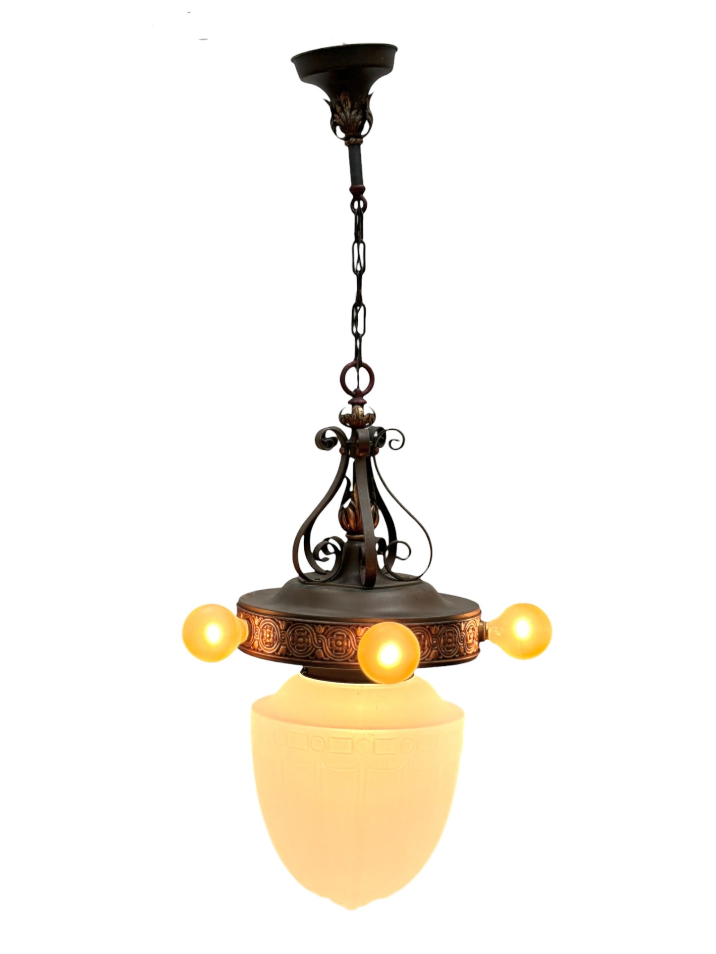 1920s Pendant with Acorn Shaped Shade and Four Bare Bulbs and Original Paint Finish #2650