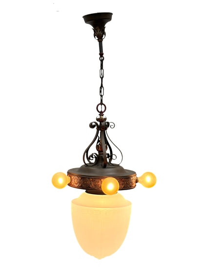 1920s Pendant with Acorn Shaped Shade and Four Bare Bulbs and Original Paint Finish #2650