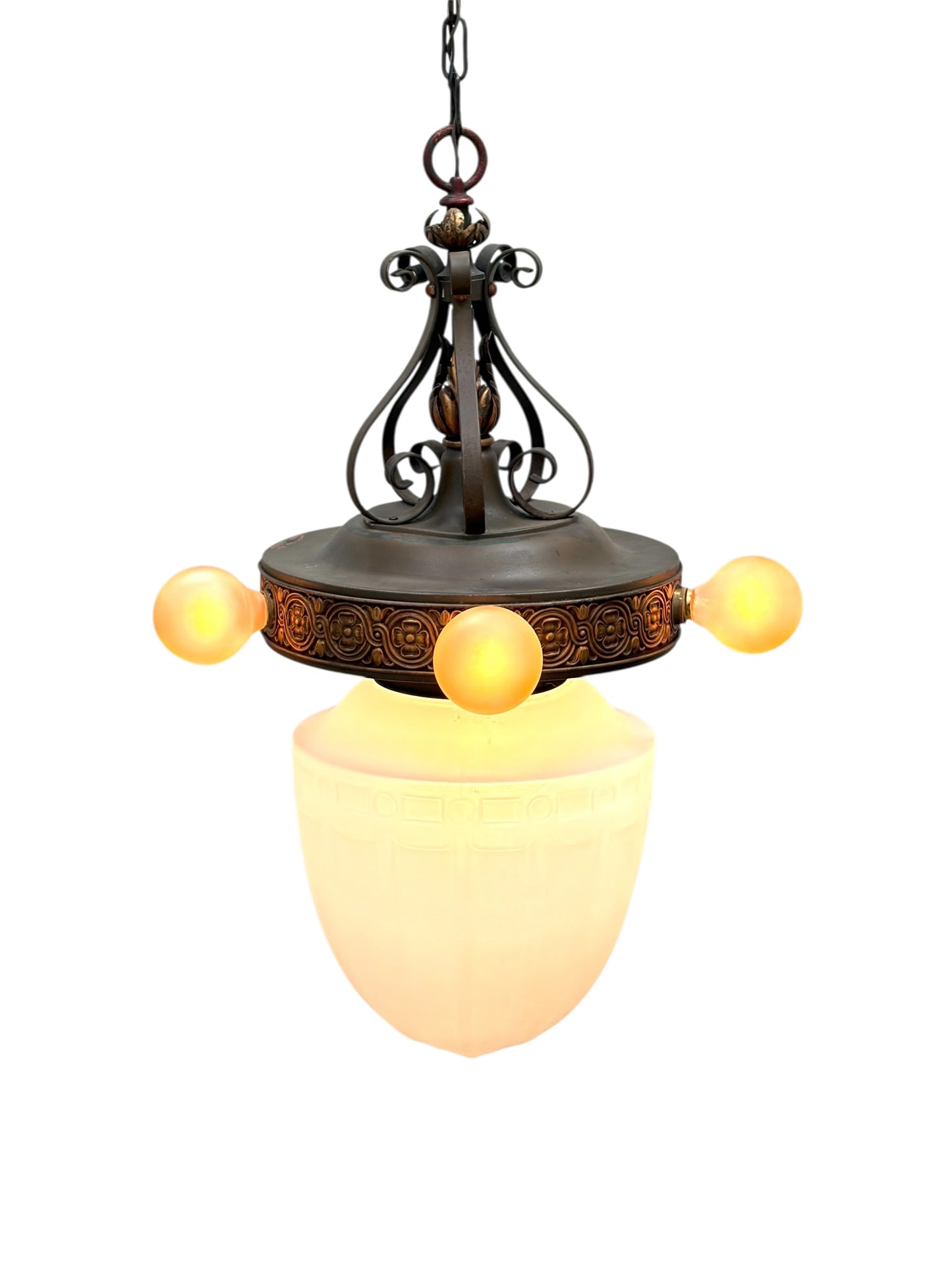 1920s Pendant with Acorn Shaped Shade and Four Bare Bulbs and Original Paint Finish #2650
