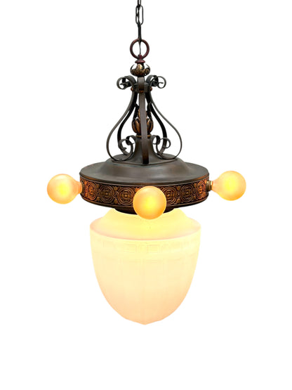 1920s Pendant with Acorn Shaped Shade and Four Bare Bulbs and Original Paint Finish #2650