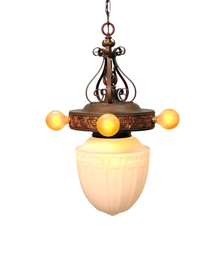 1920s Pendant with Acorn Shaped Shade and Four Bare Bulbs and Original Paint Finish #2650