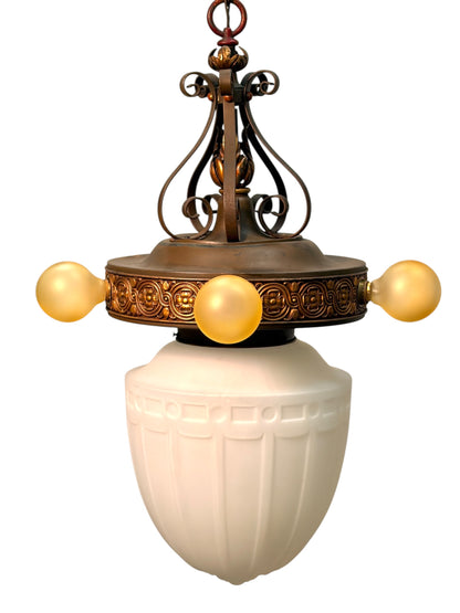 1920s Pendant with Acorn Shaped Shade and Four Bare Bulbs and Original Paint Finish #2650